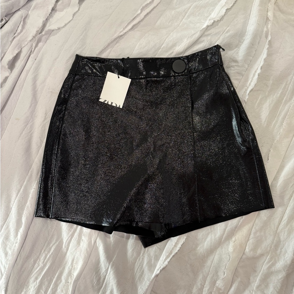 ZARA black sparkly leather mini skort